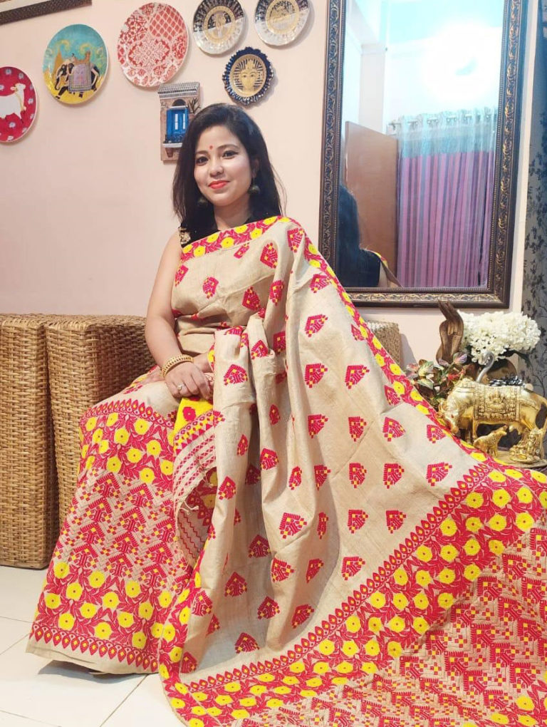 Pure Muga Mekhela Chador with traditional pattern – Meghalis Silk